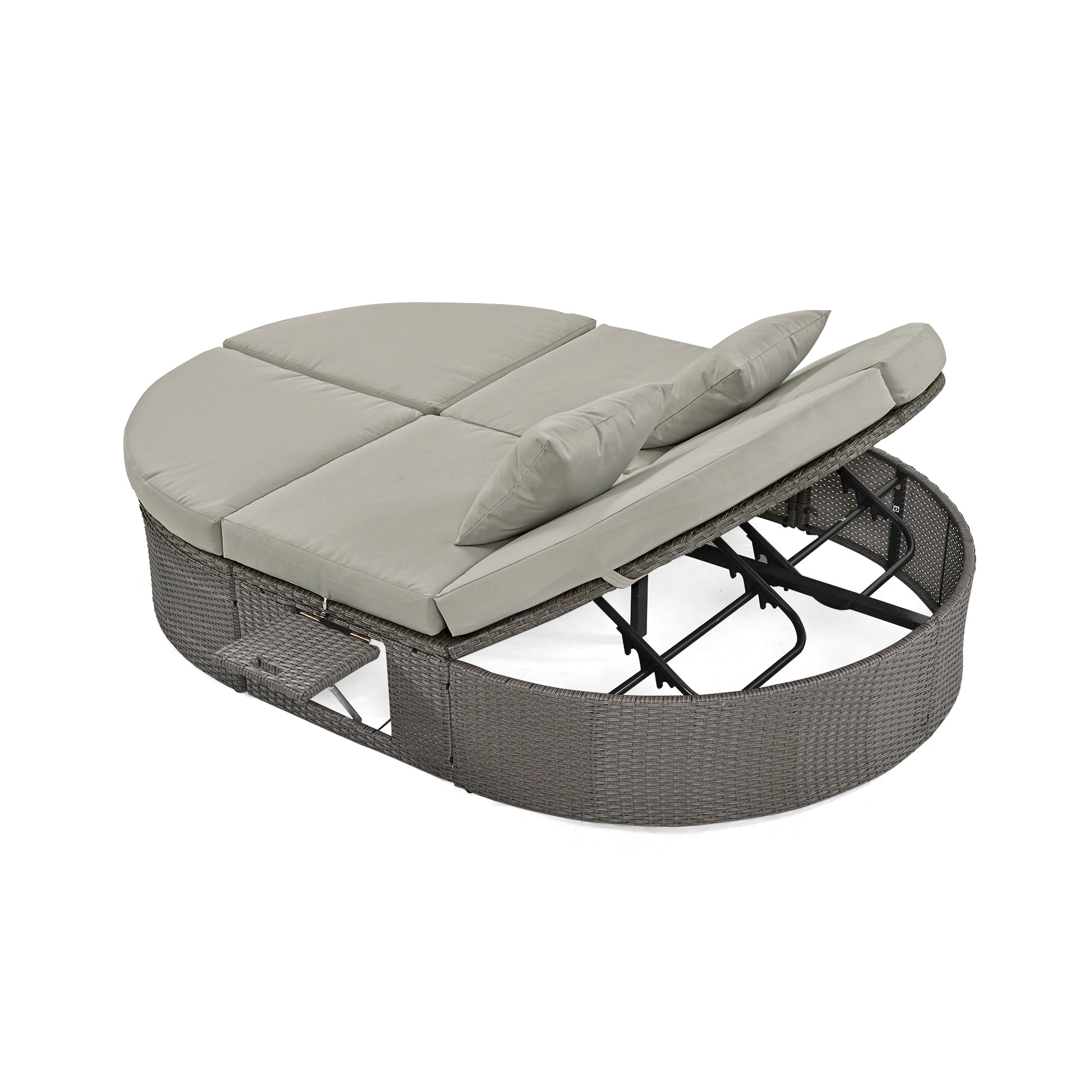 Outdoor Sun Bed Patio 2 Person Daybed With Cushions And Pillows, Rattan Garden Reclining Chaise Lounge With Adjustable Backrests And Foldable Cup Trays For Lawn,Poolside, Gray Yes Complete Patio Set Gray Weather Resistant Frame Water Resistant Cushion