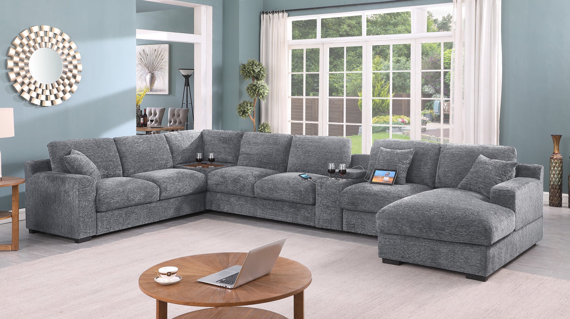 Celine 141.5" Light Gray Chenille Fabric Corner Sectional Sofa With Right Facing Chaise, Cupholders, And Charging Ports Light Gray Chenille