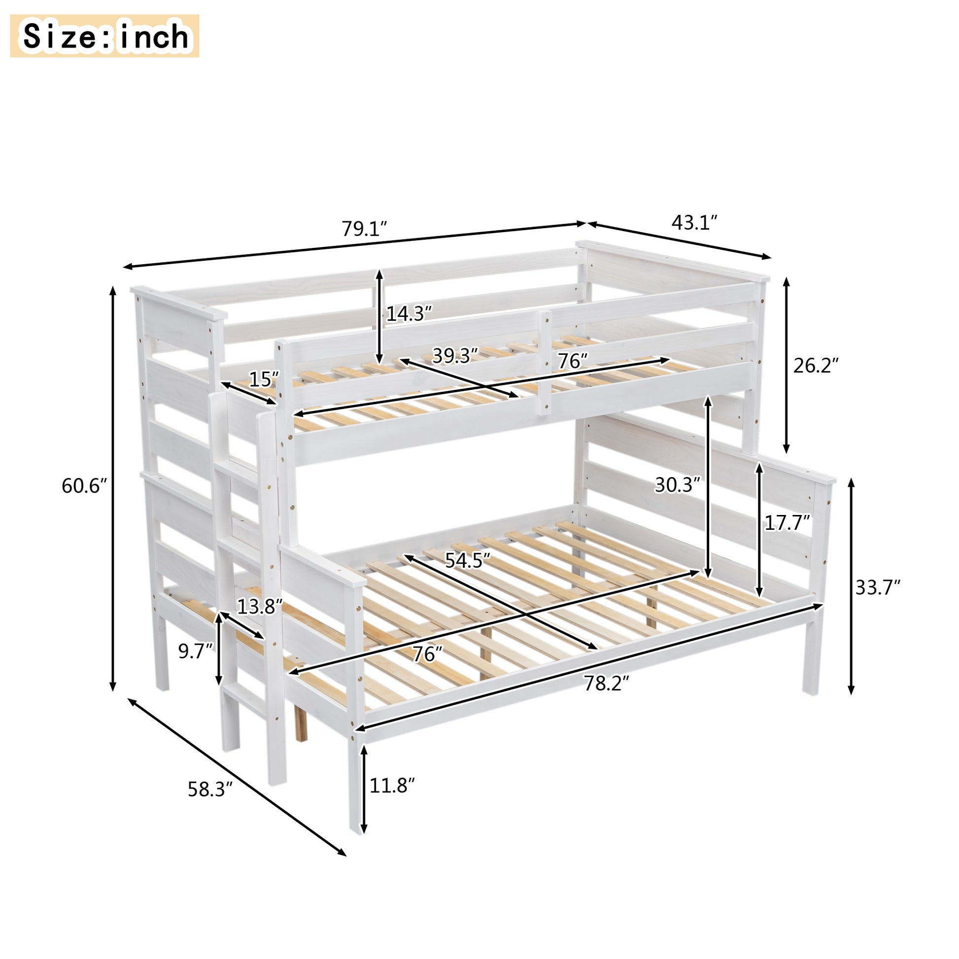 Wood Twin Over Full Bunk Bed With Ladder, White Twin Box Spring Not Required White Solid Wood Mdf