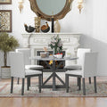 5 Piece Farmhouse Style Dining Table Set, Marble Sticker And Cross Bracket Pedestal Dining Table, And 4 Upholstered Chairs White Gray Upholstered Chair Wood White Gray Seats 4 Wood Dining Room Antique,Classic,Farmhouse Pedestal Round Dining Table With