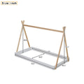 Twin Size Tent Floor Bed With Triangle Structure, White Natural Twin Box Spring Not Required White Natural Wood Wood