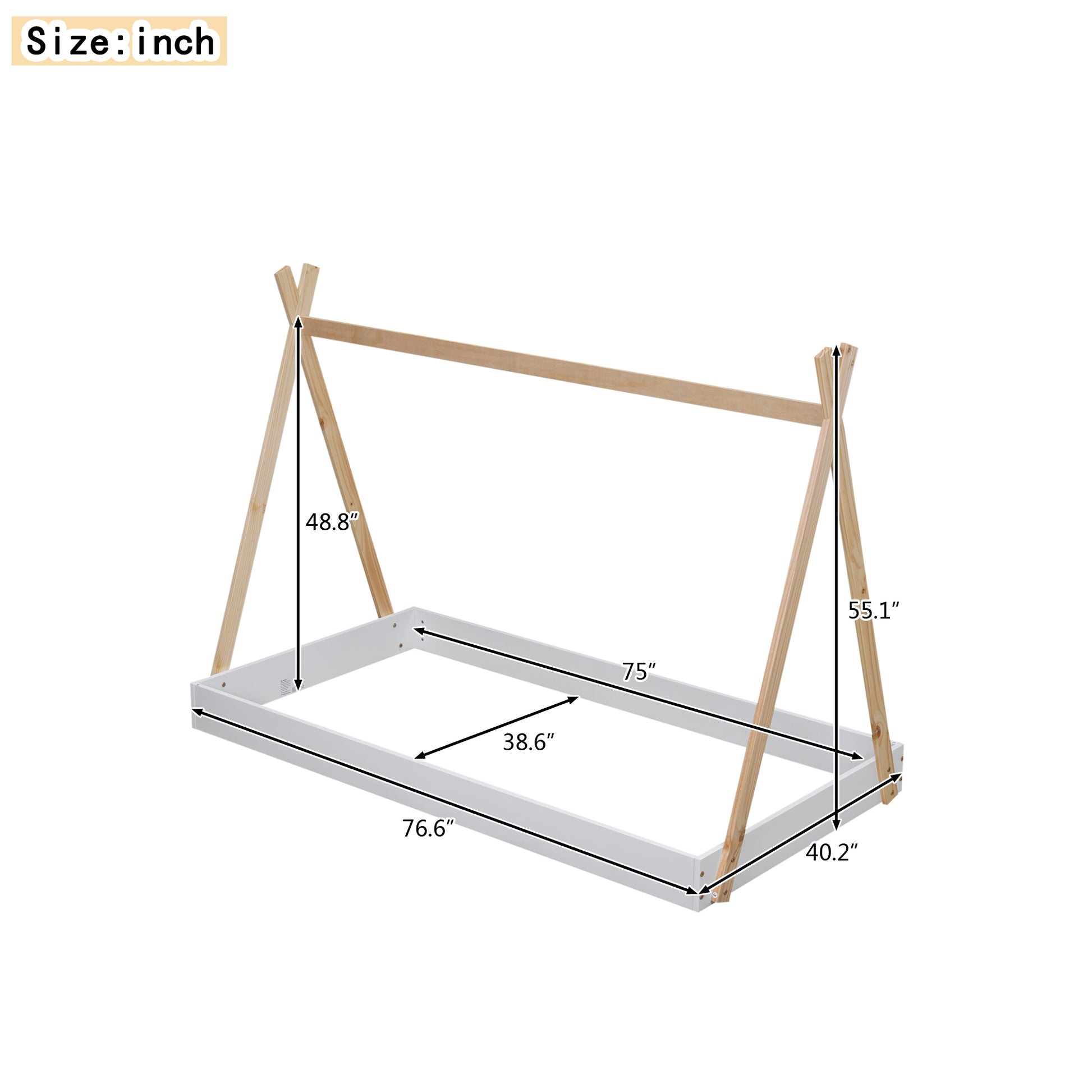 Twin Size Tent Floor Bed With Triangle Structure, White Natural Twin Box Spring Not Required White Natural Wood Wood