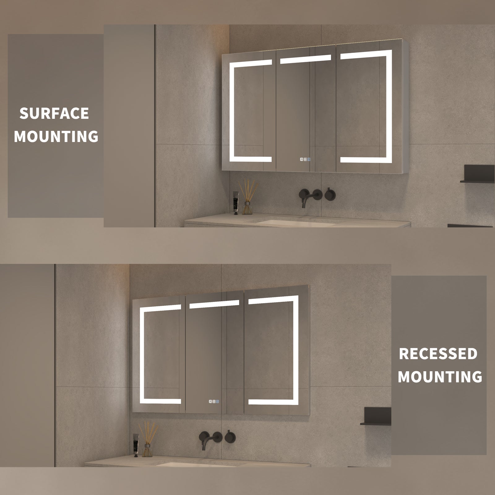 Lighted Medicine Cabinet 48 X30 Inch, Recessed Or Surface Led Medicine Cabinet,Defog,Stepless Dimming,3000K 6400K, Outlets & Usbs,The 3 Sided Mirrored Door. Silver Aluminium