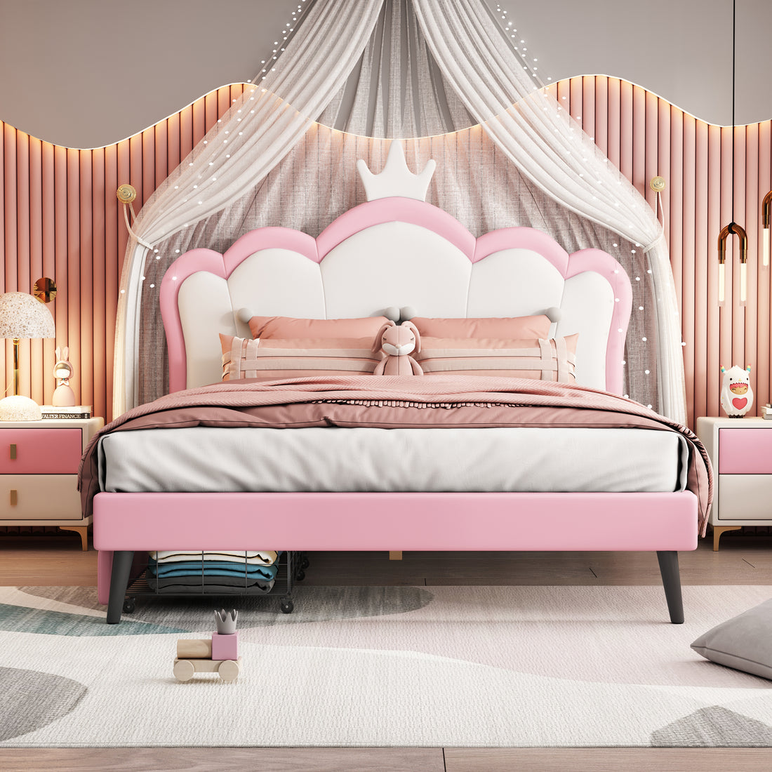 Full Size Princess Bed With Crown Headboard And 2 Drawers, Full Size Platform Bed With Headboard And Footboard,White Pink Pink Pu