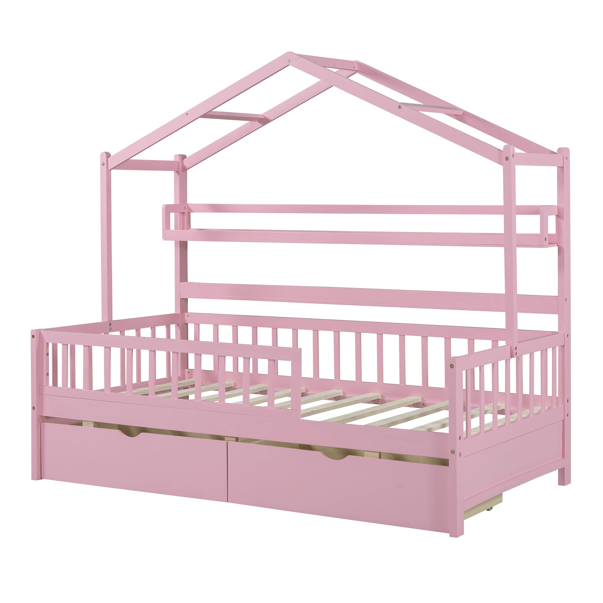 Wooden Twin Size House Bed With 2 Drawers,Kids Bed With Storage Shelf, Pink Pink Wood