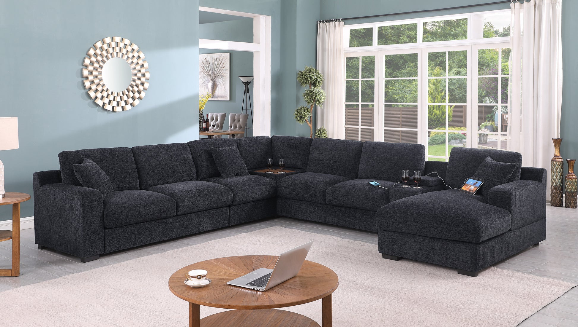 Celine 141.5" Dark Gray Chenille Fabric Corner Sectional Sofa With Right Facing Chaise, Cupholders, And Charging Ports Dark Gray Chenille