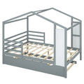 Full Size Wood House Bed With Fence And Writing Board, Gray Gray Solid Wood