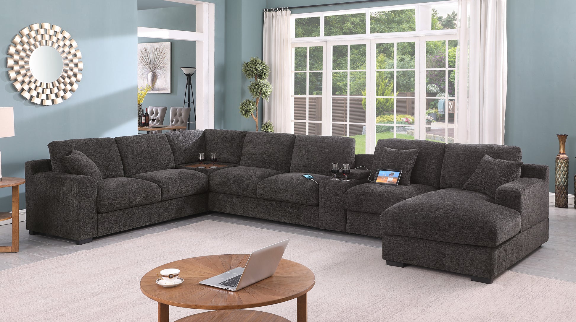 Celine 141.5" Gray Chenille Fabric Corner Sectional Sofa With Right Facing Chaise, Cupholders, And Charging Ports Gray Chenille