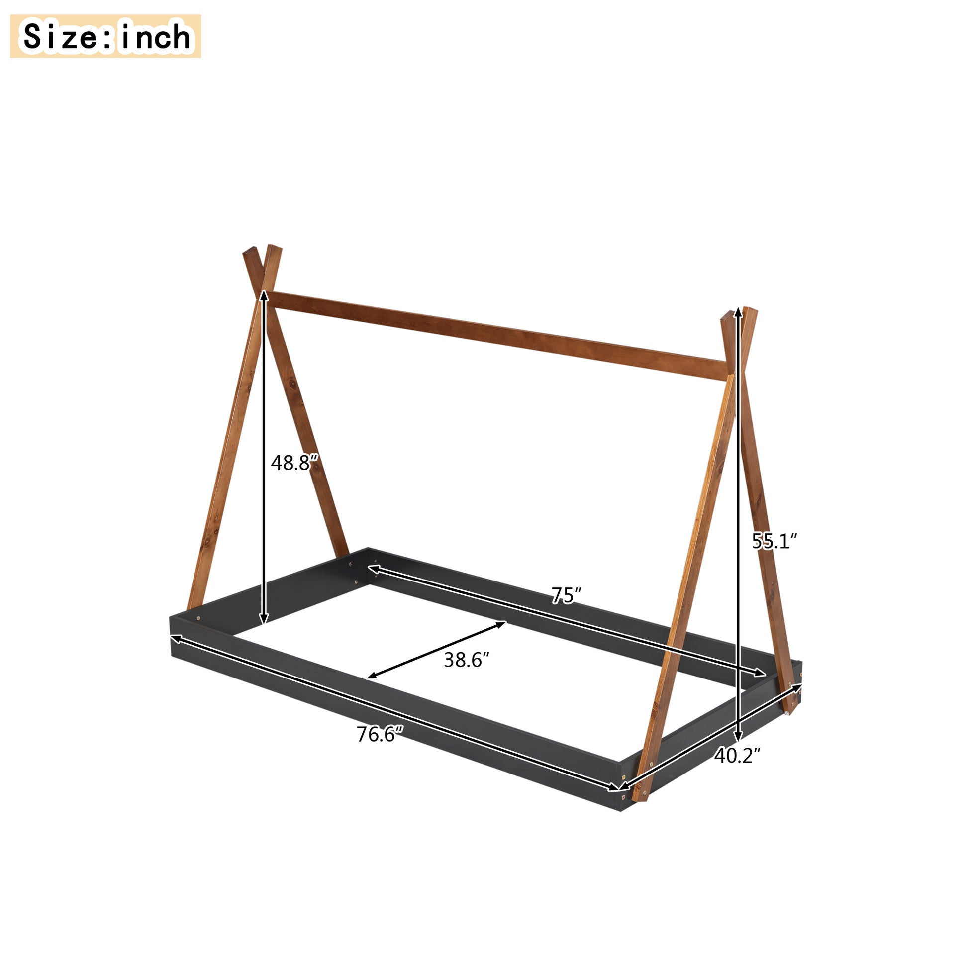 Twin Size Tent Floor Bed With Triangle Structure, Black Brown Twin Box Spring Not Required Black Brown Wood Wood