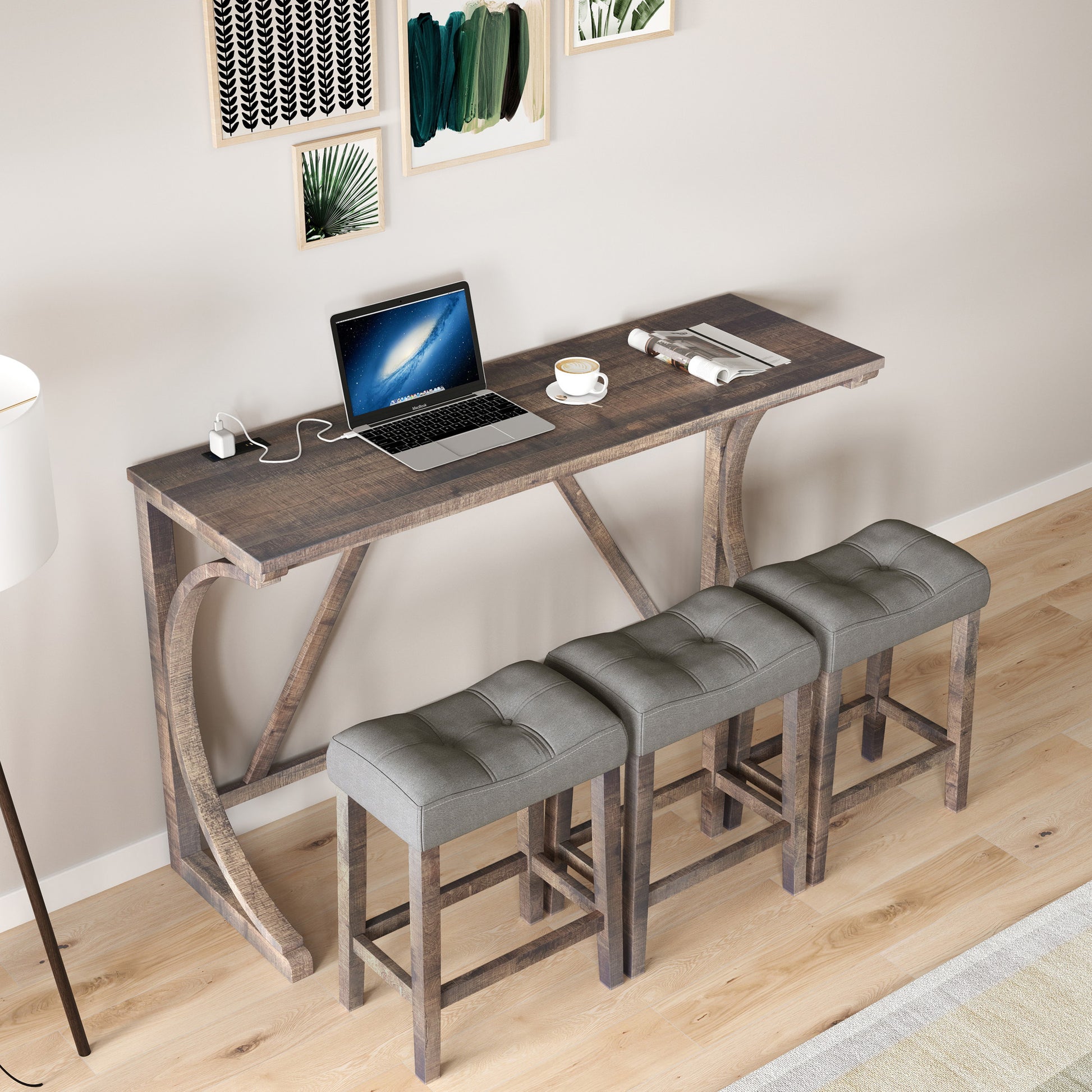 Bar Table Set With Power Outlet, Bar Table And Chairs Set, 4 Piece Dining Table Set, Industrial Breakfast Table Set, For Living Room, Dining Room, Game Room Brown Yellow Solid Wood Mdf