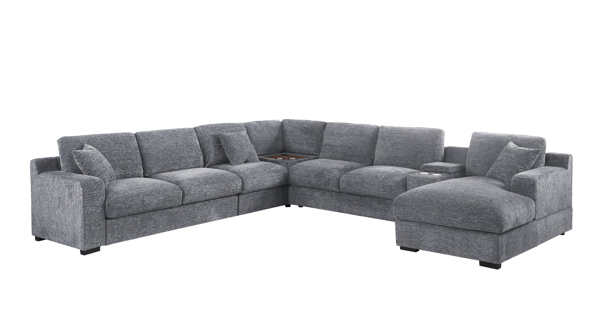 Celine 141.5" Light Gray Chenille Fabric Corner Sectional Sofa With Right Facing Chaise, Cupholders, And Charging Ports Light Gray Chenille