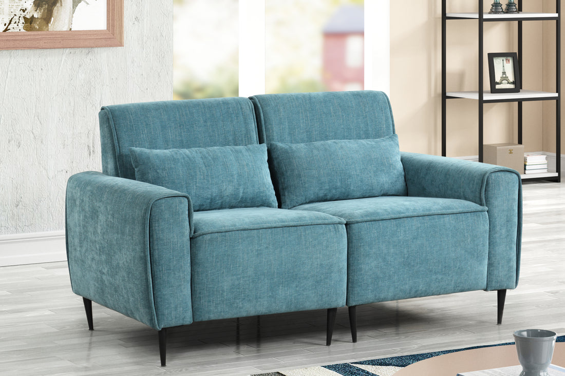 Valentina 62" Blue Chenille Loveseat With Metal Legs And Throw Pillows Blue Chenille