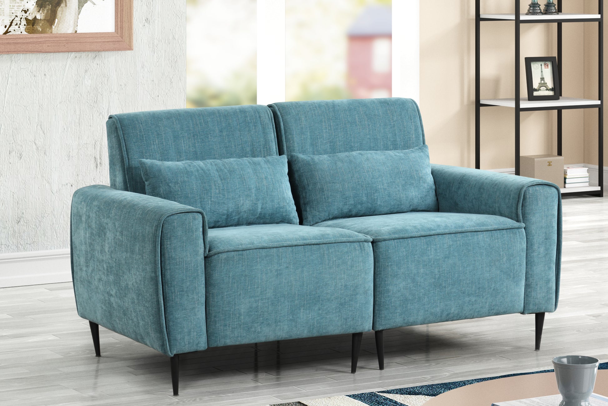 Valentina 62" Blue Chenille Loveseat With Metal Legs And Throw Pillows Blue Chenille