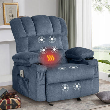 Recliner Chair Massage Heating Sofa With Usb And Side Pocket 2 Cup Holders Blue Blue Soft Foam Fabric