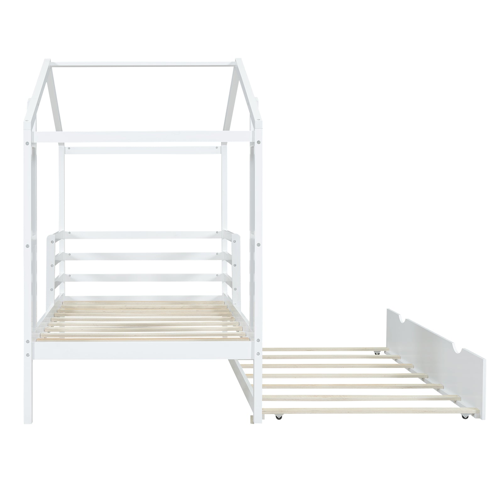 Twin Size Wood House Bed With Fence And Writing Board, White White Solid Wood