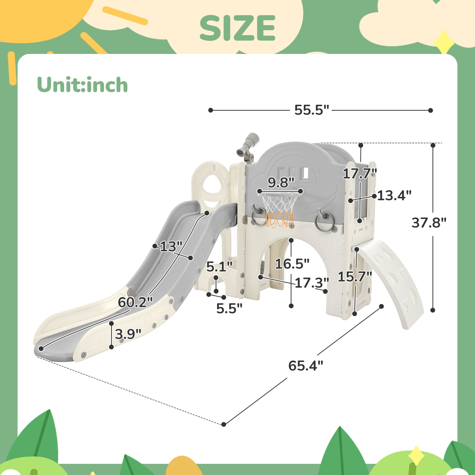 Kids Slide Playset Structure 7 In 1, Freestanding Space Set With Slide, Arch Tunnel, Ring Toss And Basketball Hoop, Toy Storage Organizer For Toddlers, Kids Climbers Playground Grey White Hdpe