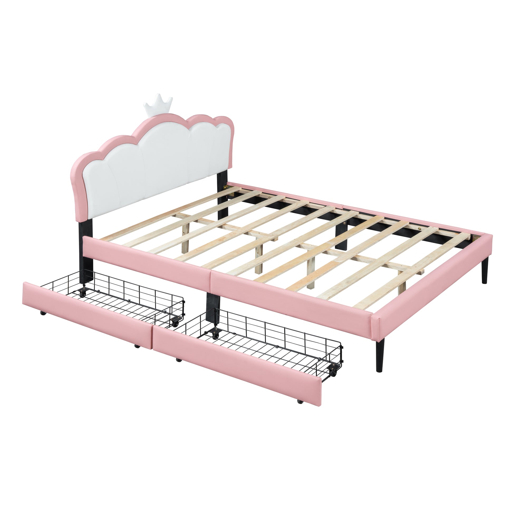 Full Size Princess Bed With Crown Headboard And 2 Drawers, Full Size Platform Bed With Headboard And Footboard,White Pink Pink Pu