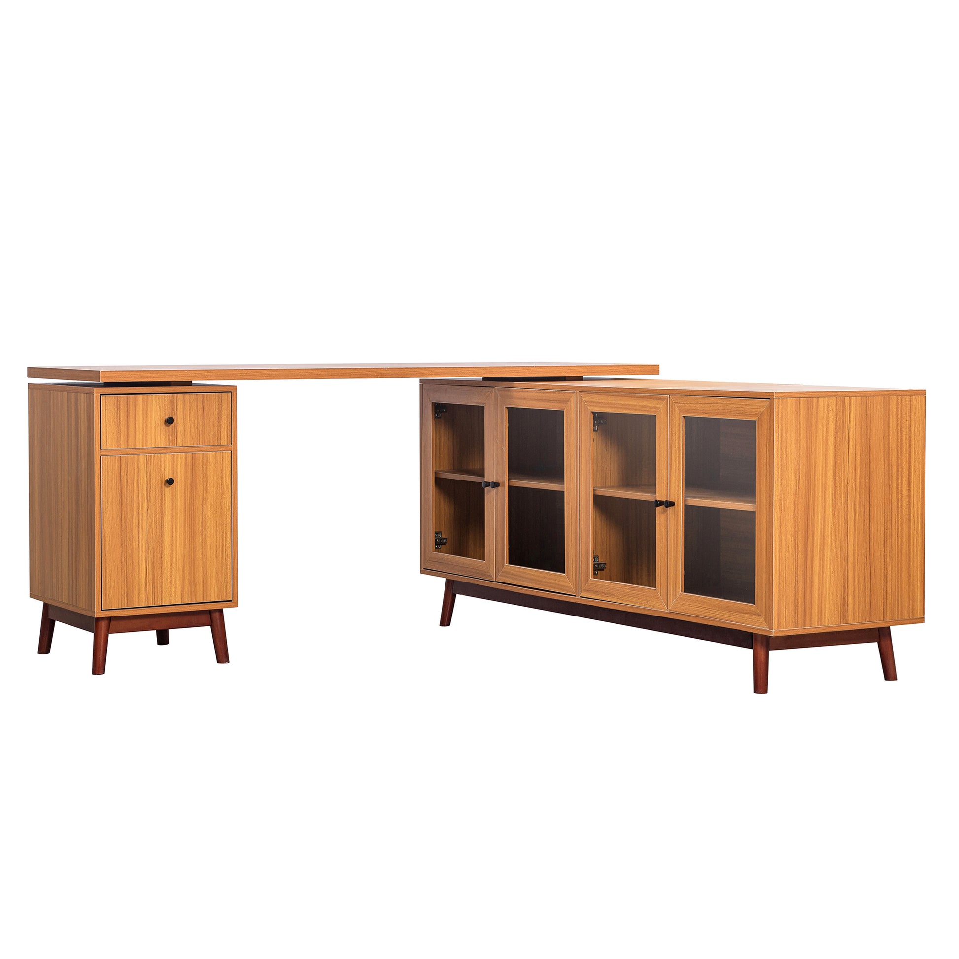 66.5" Modern L Shaped Executive Desk With Delicate Tempered Glass Cabinet Storage,Large Office Desk With Drawers,Business Furniture Desk Workstation For Home Office,Teak Teak Mdf