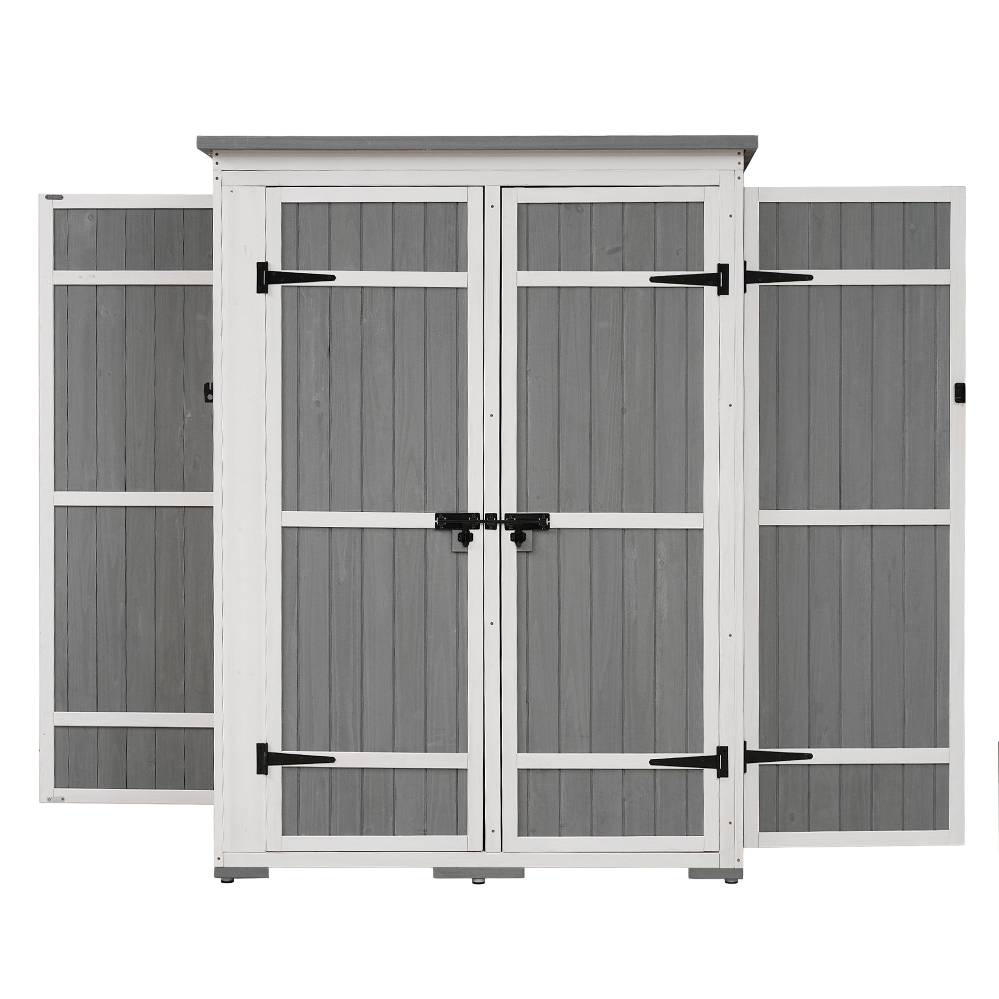 Outdoor 5.5Ft Hx4.1Ft L Wood Storage Shed, Garden Tool Cabinet With Waterproof Asphalt Roof, Four Lockable Doors, Multiple Tier Shelves, White And Gray White Gray Water Resistant Frame Garden &