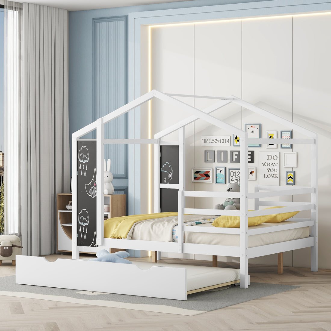 Full Size Wood House Bed With Fence And Writing Board, White White Solid Wood
