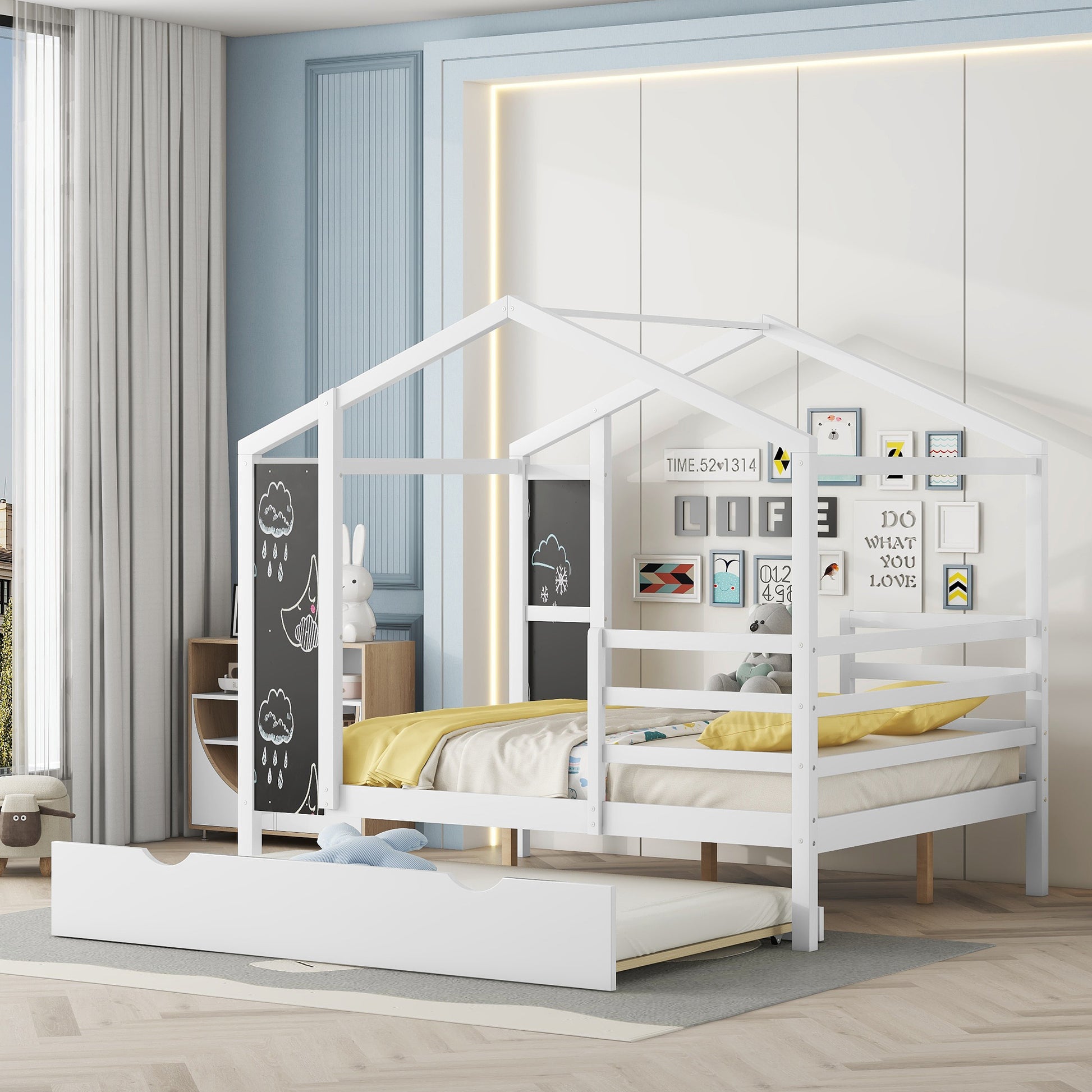 Full Size Wood House Bed With Fence And Writing Board, White White Solid Wood