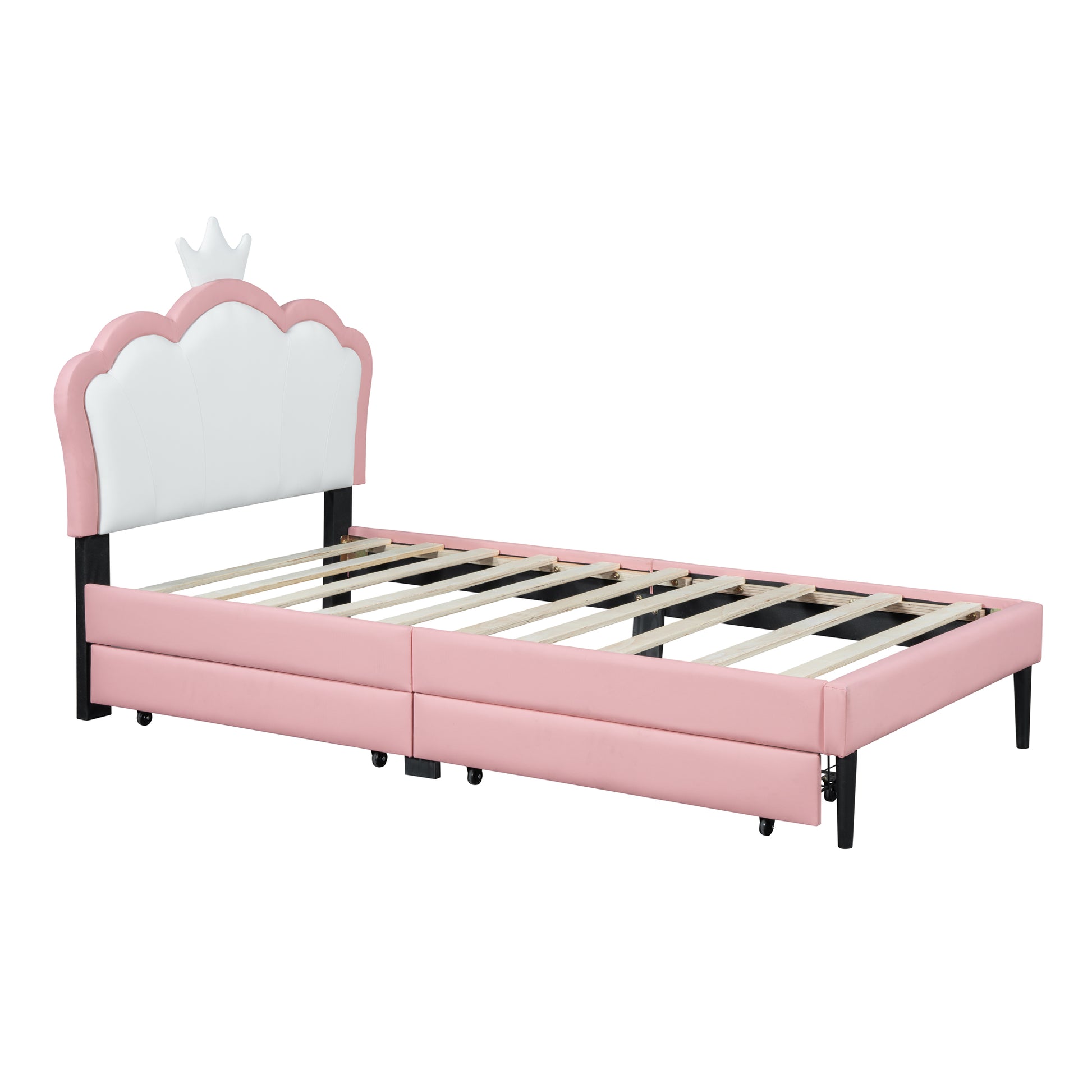 Twin Size Upholstered Princess Bed With Crown Headboard And 2 Drawers,Twin Size Platform Bed With Headboard And Footboard,White Pink Twin Pink Pu