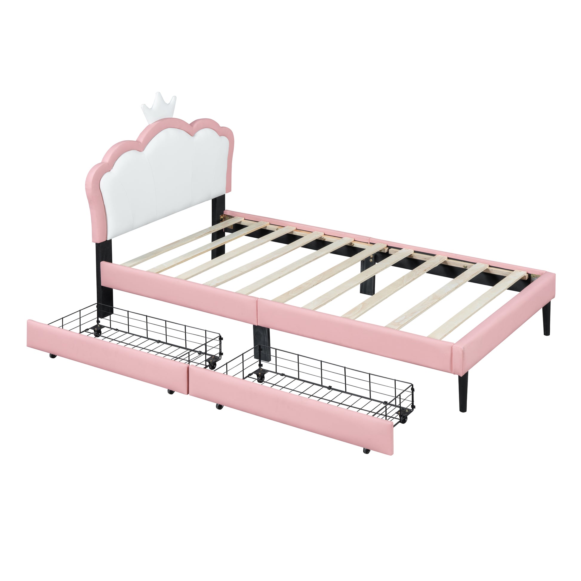 Twin Size Upholstered Princess Bed With Crown Headboard And 2 Drawers,Twin Size Platform Bed With Headboard And Footboard,White Pink Twin Pink Pu