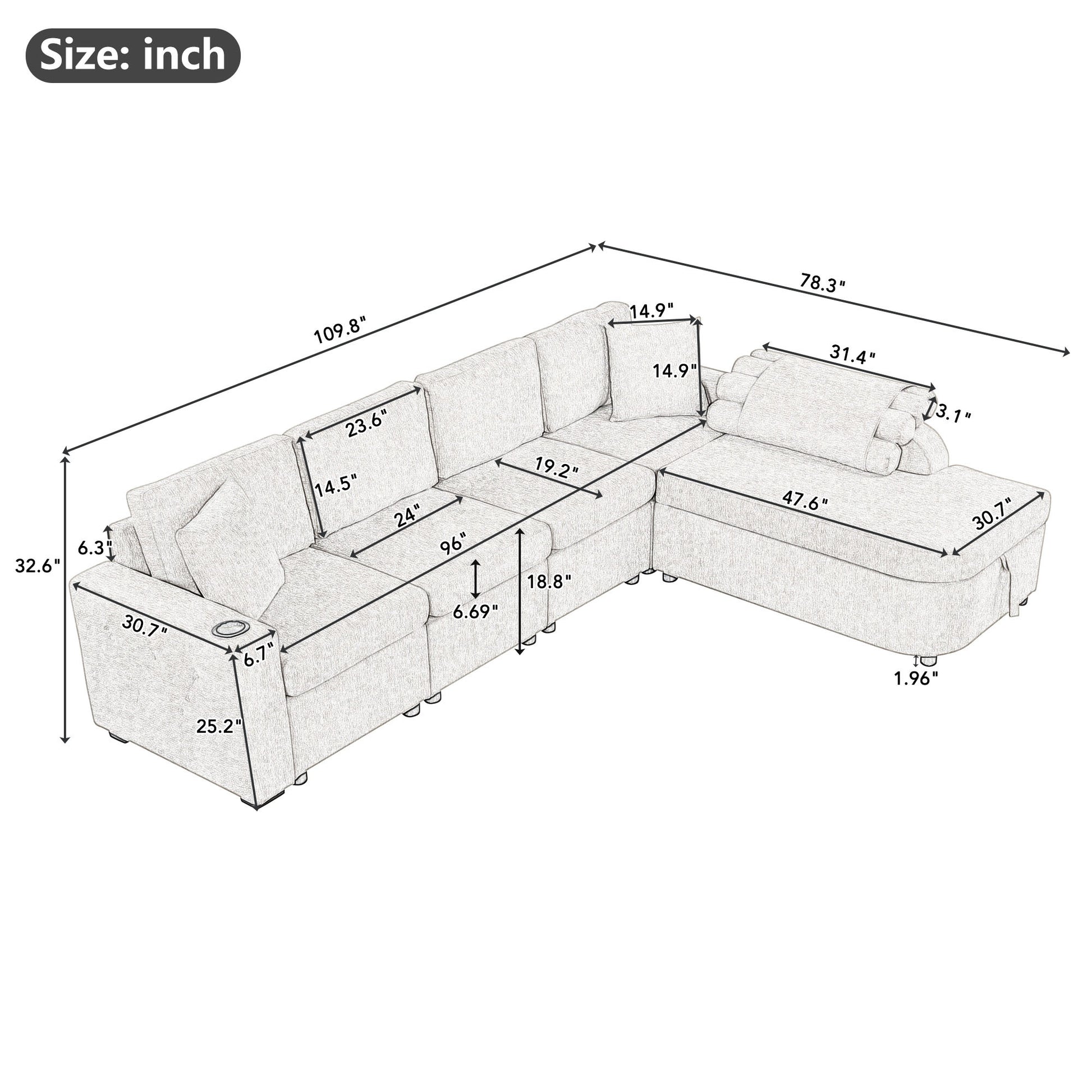 109.8"L Shaped Couch Sectional Sofa With Storage Chaise,Cup Holder And Usb Ports For Living Room, Beige Beige Foam Chenille 4 Seat