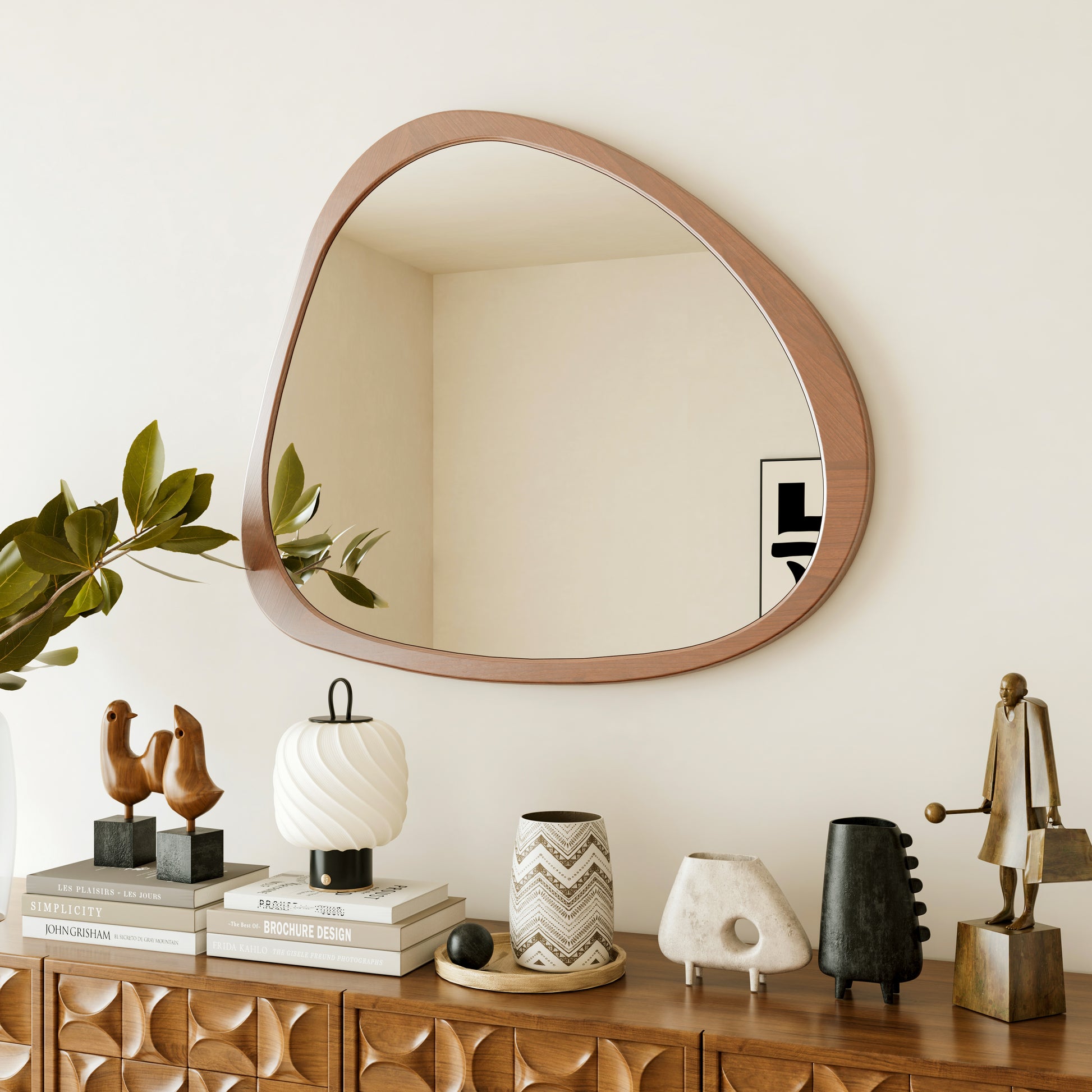 Solid Wood Mirror 45 Inch Asymmetrical Wall Mirror Wooden Framed Mirror Large Sized Dressing Mirror, For Living Room, Bedroom, Bathroom, Hallway Or Entry Way Natural Wood Solid Wood