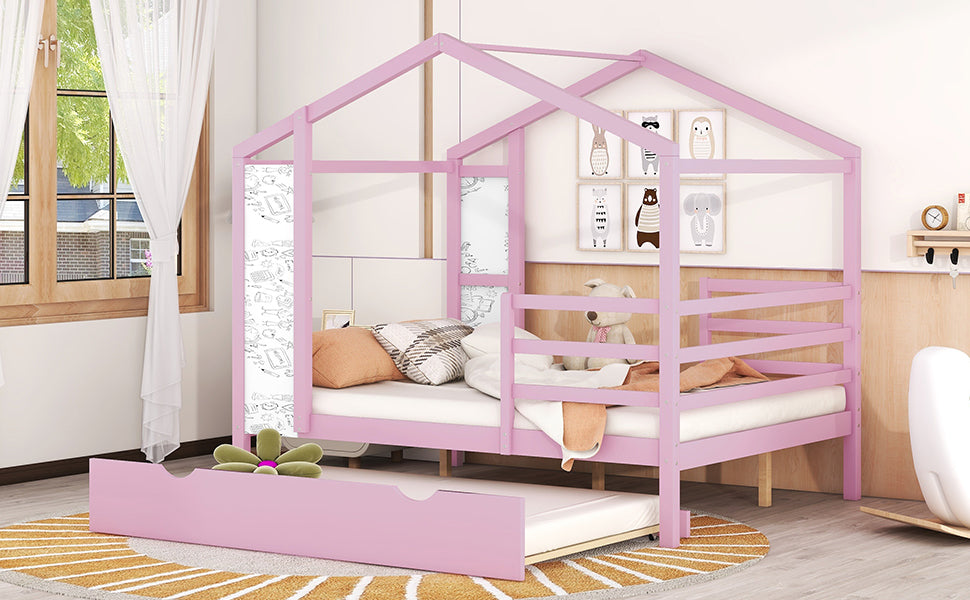 Full Size Wood House Bed With Fence And Writing Board, Pink Pink Solid Wood
