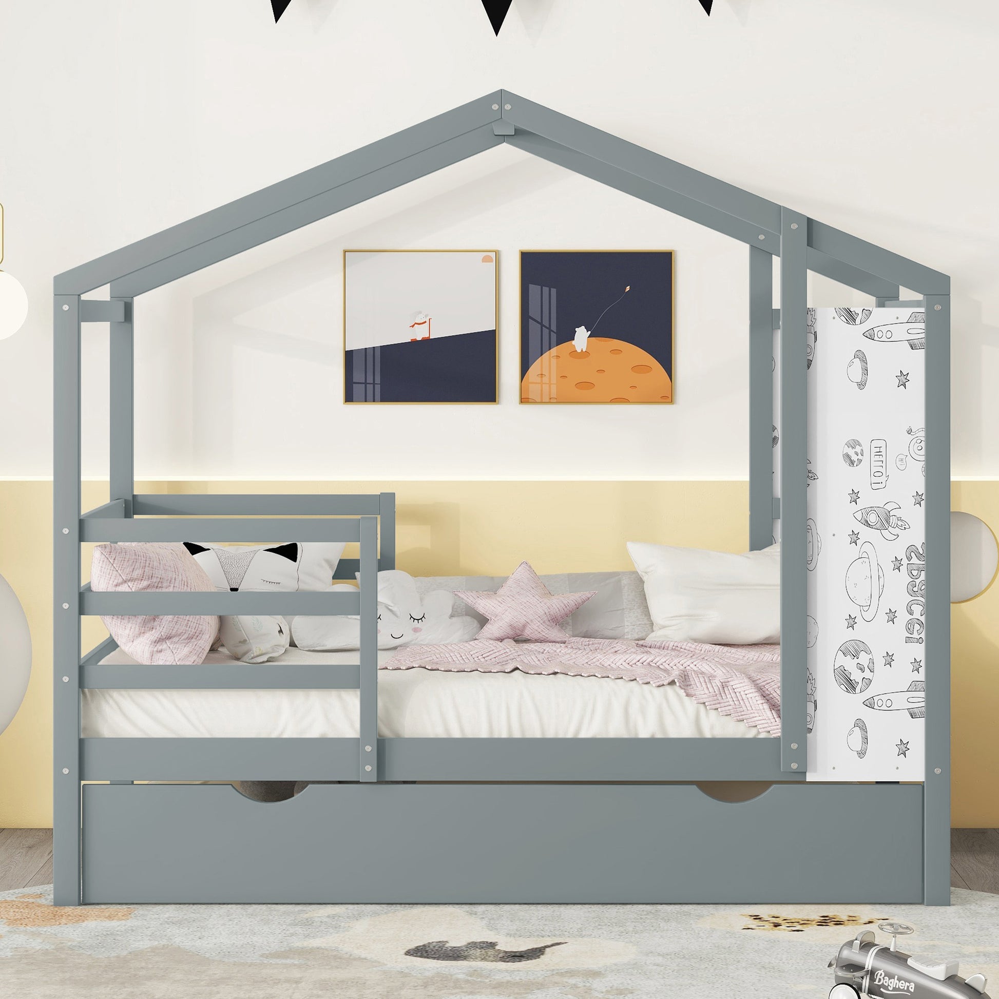 Twin Size Wood House Bed With Fence And Writing Board, Gray Gray Solid Wood