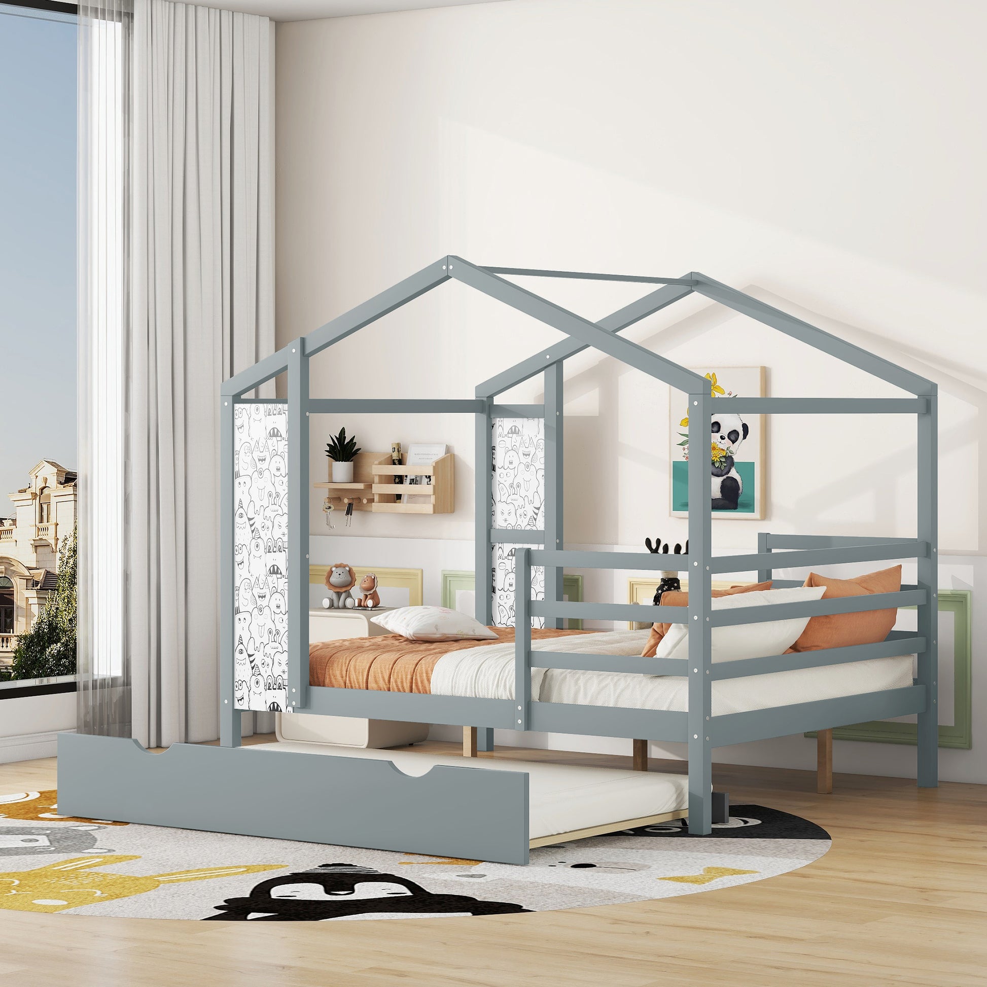 Full Size Wood House Bed With Fence And Writing Board, Gray Gray Solid Wood
