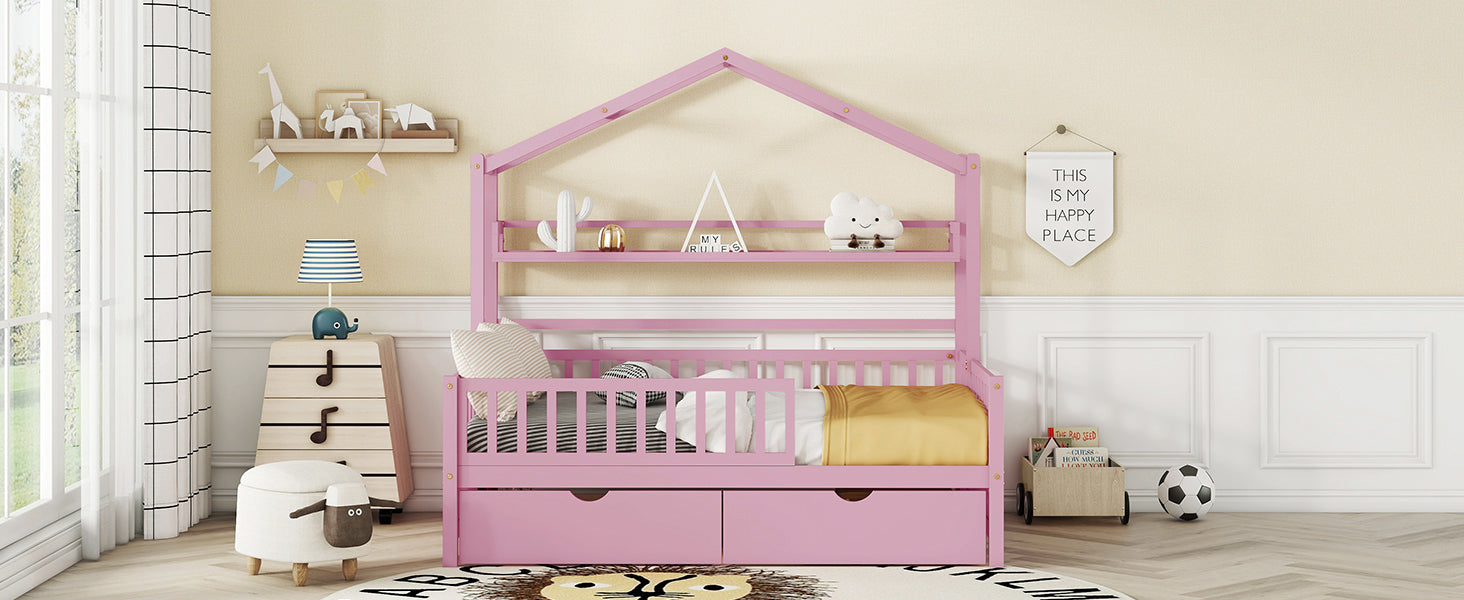 Wooden Full Size House Bed With 2 Drawers,Kids Bed With Storage Shelf, Pink Pink Wood