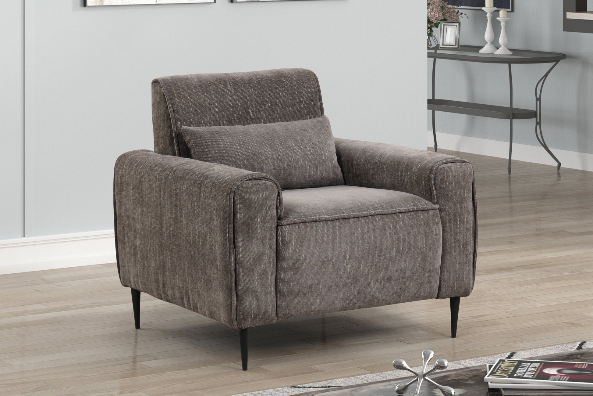 Valentina 38.5" Gray Chenille Chair With Metal Legs And Throw Pillow Gray Chenille