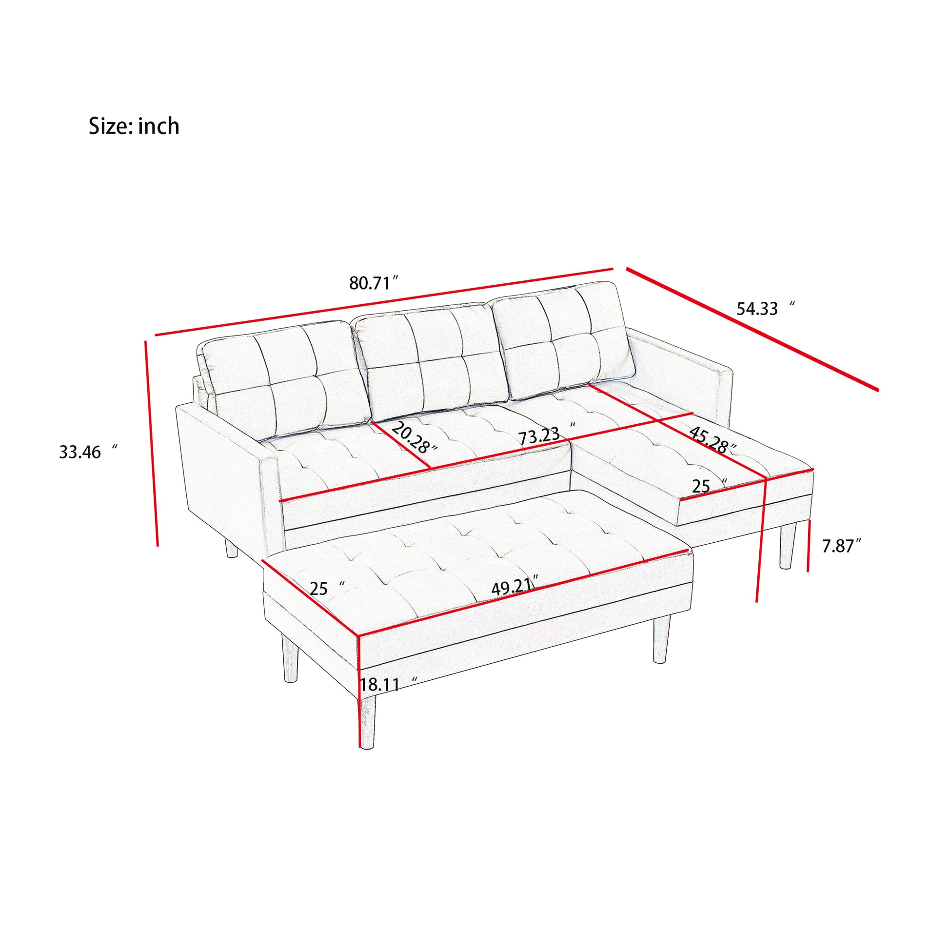 Grey Fabric Right Facing Sectional Sofa Bedl Shape Sofa Chaise Lounge With Ottoman Bench Grey Wood Tufted Back Square Arms Foam Fabric 3 Seat