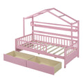 Wooden Twin Size House Bed With 2 Drawers,Kids Bed With Storage Shelf, Pink Pink Wood