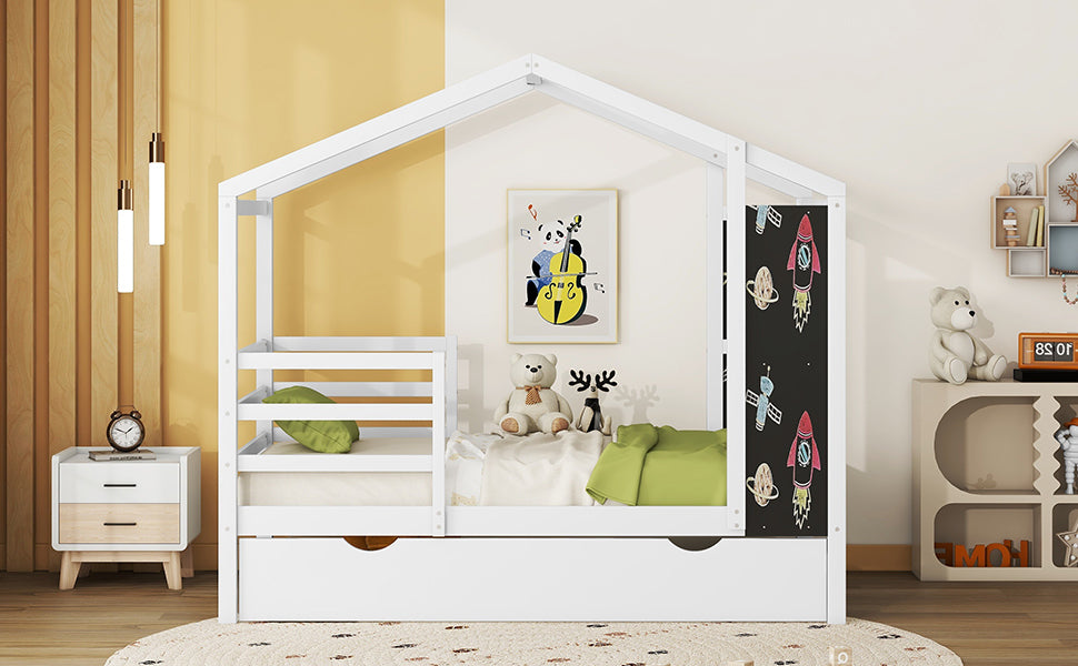 Twin Size Wood House Bed With Fence And Writing Board, White White Solid Wood