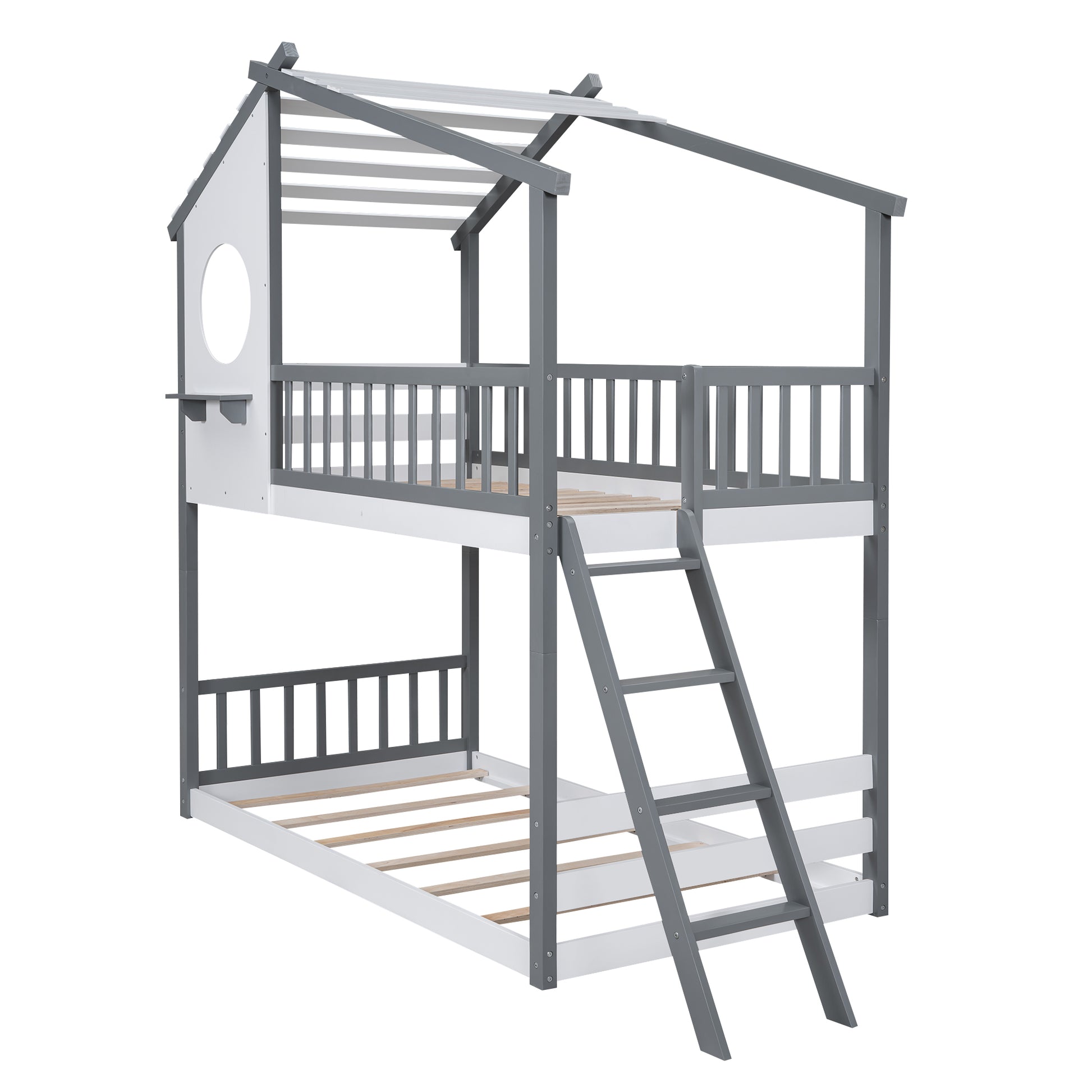 Twin Over Twin Bunk Bed Wood Bed With Roof, Window, Ladder,Gray Old Sku :Lt100008Aae Twin Gray Solid Wood