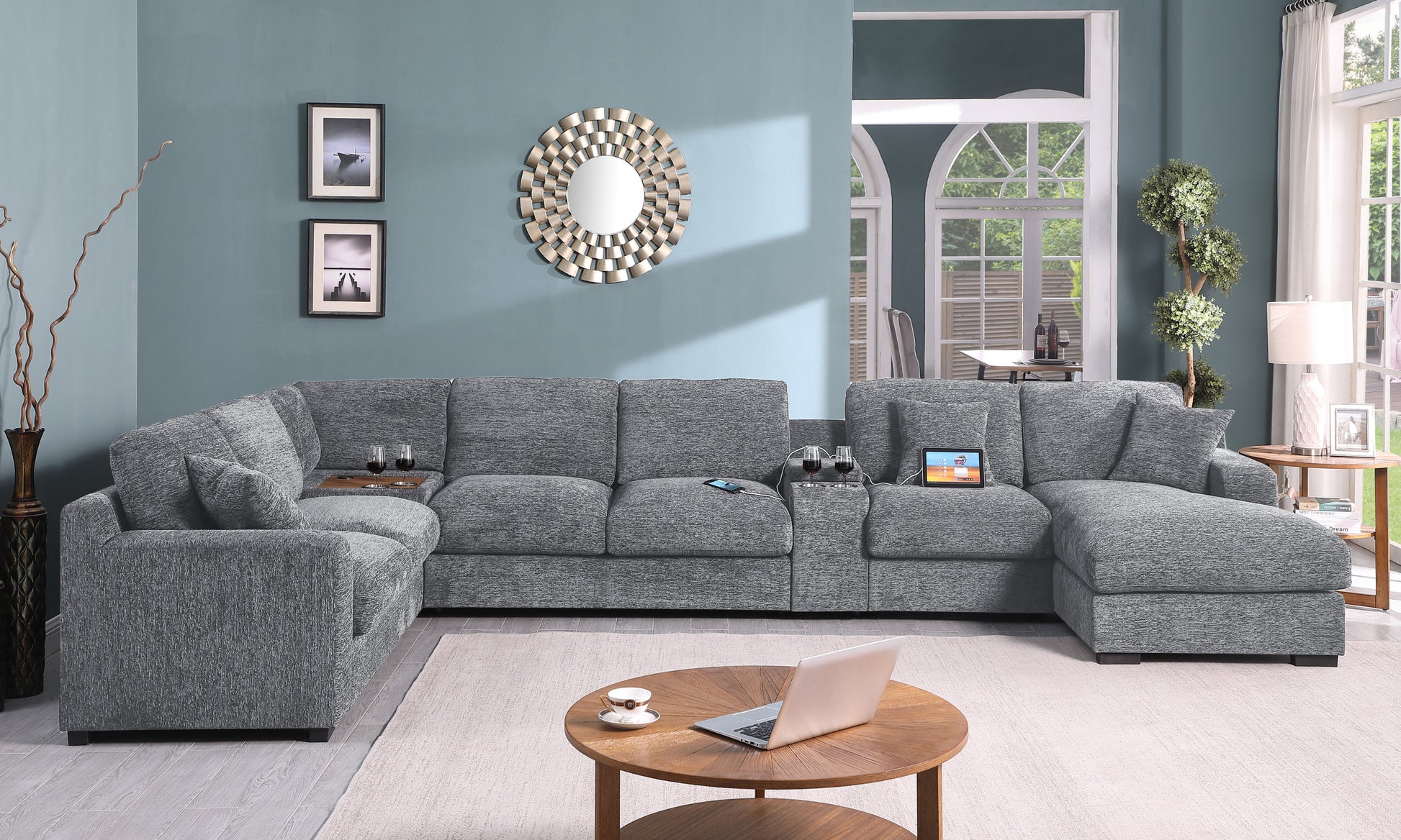 Celine 141.5" Light Gray Chenille Fabric Corner Sectional Sofa With Right Facing Chaise, Cupholders, And Charging Ports Light Gray Chenille