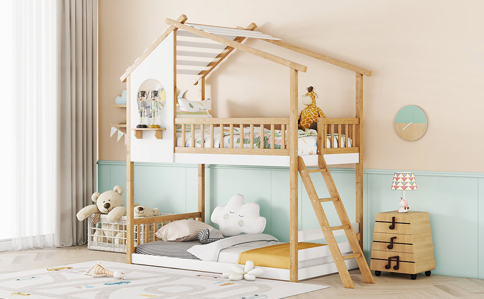 Twin Over Twin Bunk Bed Wood Bed With Roof, Window, Ladder,Natural Old Sku :Lt100008Aad Twin Natural Solid Wood