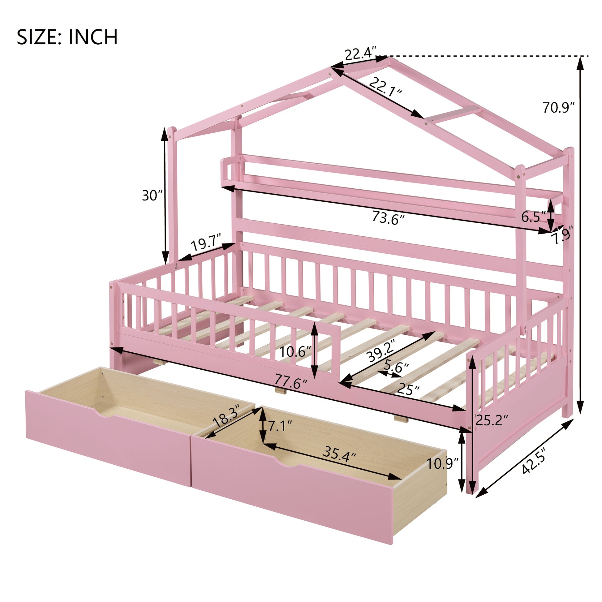 Wooden Twin Size House Bed With 2 Drawers,Kids Bed With Storage Shelf, Pink Pink Wood