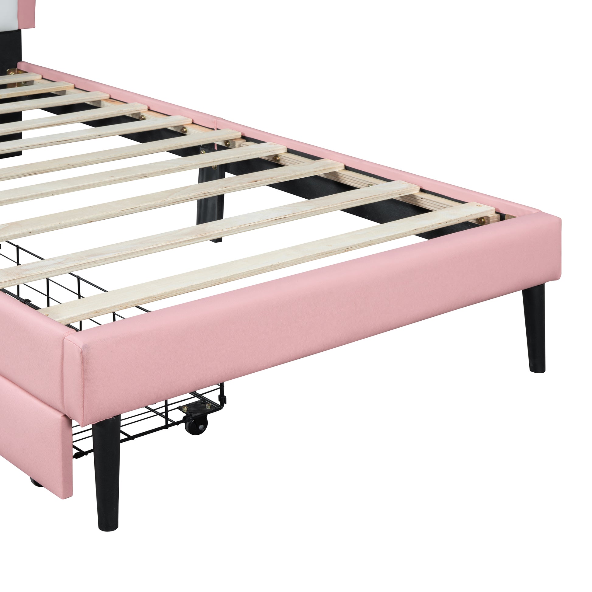 Twin Size Upholstered Princess Bed With Crown Headboard And 2 Drawers,Twin Size Platform Bed With Headboard And Footboard,White Pink Twin Pink Pu