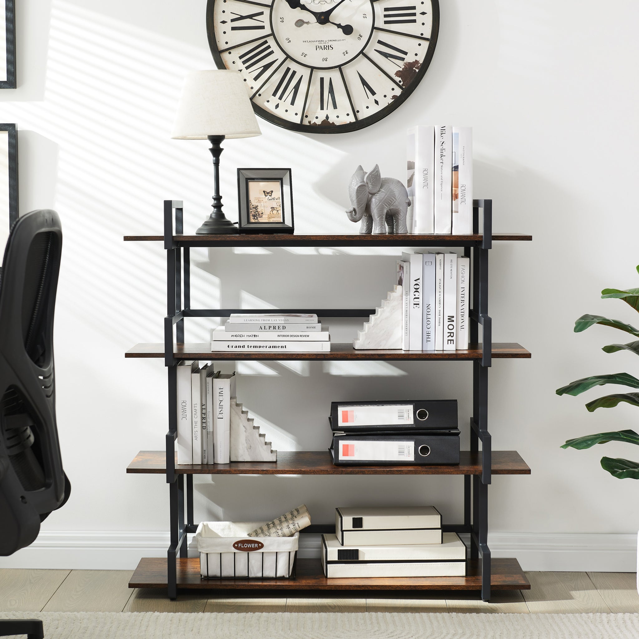 4 Tier Office Bookcase Shelf Rustic Wood Metal Bookshelves Freestanding Open Book Shelf, Industrial Tall Corner Bookcase Easy To Assemble For Home Office, Living Room And Bedroom Brown Office American Design,Rustic Metal & Wood