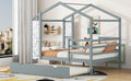 Full Size Wood House Bed With Fence And Writing Board, Gray Gray Solid Wood