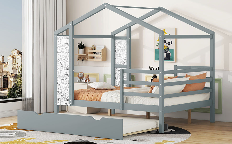 Full Size Wood House Bed With Fence And Writing Board, Gray Gray Solid Wood