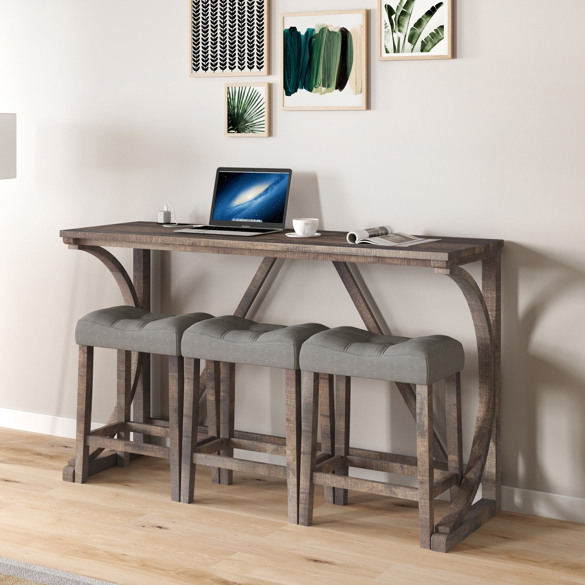 Bar Table Set With Power Outlet, Bar Table And Chairs Set, 4 Piece Dining Table Set, Industrial Breakfast Table Set, For Living Room, Dining Room, Game Room Brown Yellow Solid Wood Mdf