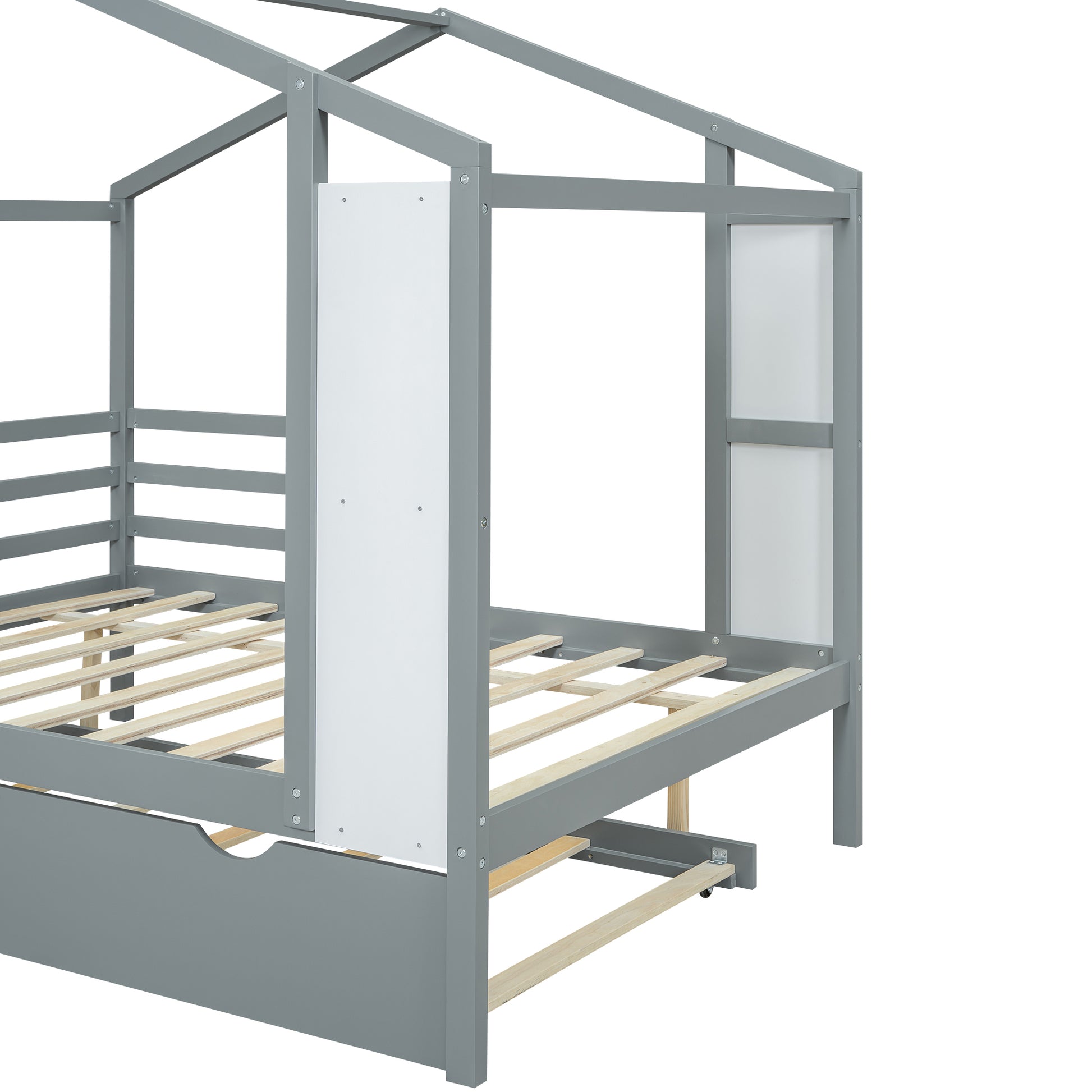 Full Size Wood House Bed With Fence And Writing Board, Gray Gray Solid Wood