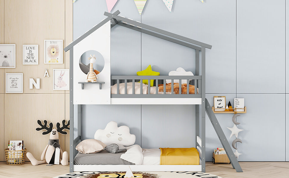 Twin Over Twin Bunk Bed Wood Bed With Roof, Window, Ladder,Gray Old Sku :Lt100008Aae Twin Gray Solid Wood