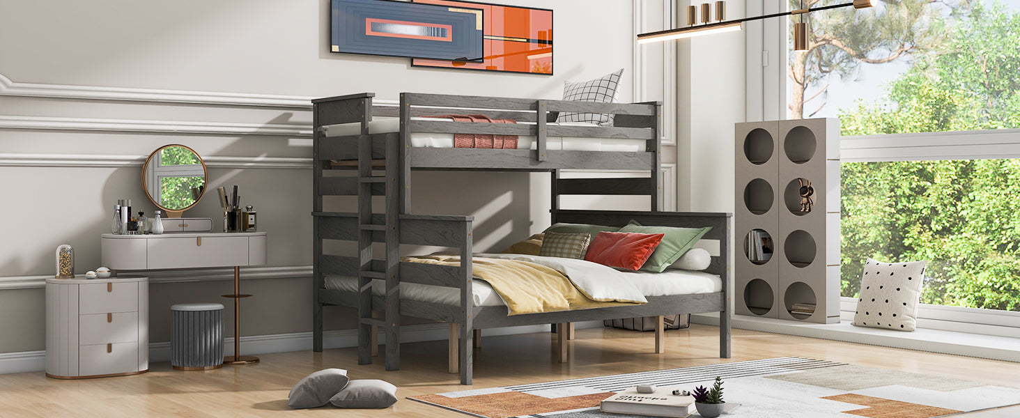 Wood Twin Xl Over Queen Bunk Bed With Ladder, Gray Twin Xl Box Spring Not Required Gray Wood Bedroom Bunk Solid Wood Mdf