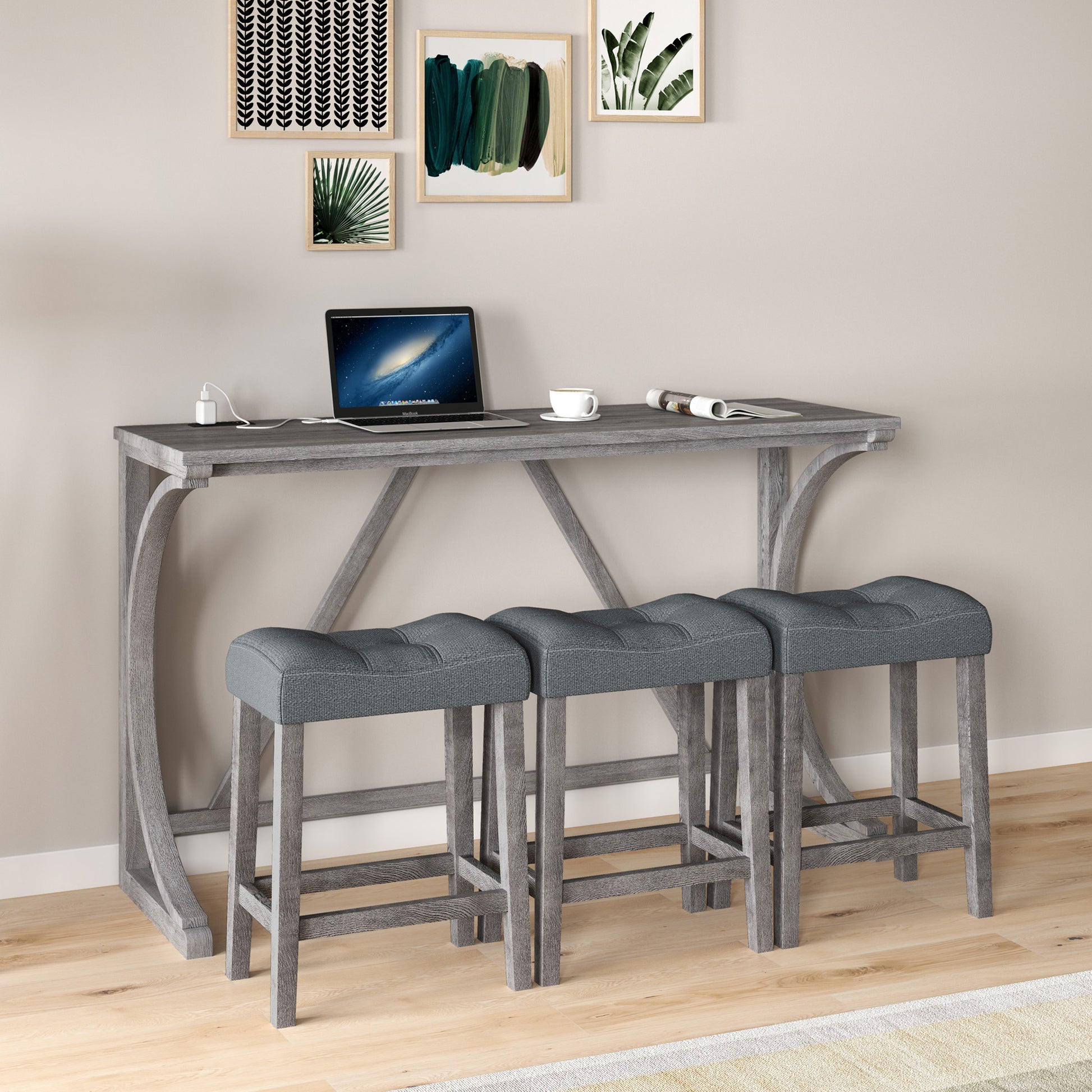 Bar Table Set With Power Outlet, Bar Table And Chairs Set, 4 Piece Dining Table Set, Industrial Breakfast Table Set, For Living Room, Dining Room, Game Room Gray Solid Wood Mdf